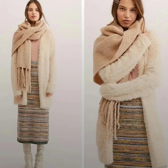 Free people faux fur midi cardigan beige size Xsmall fit to medium - Picture 1 of 9
